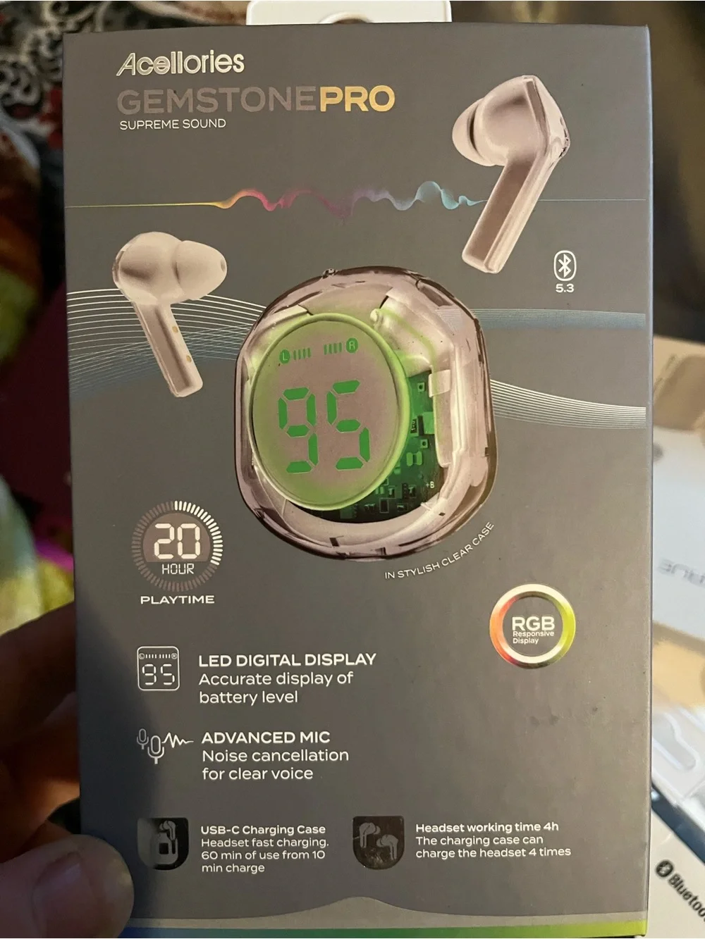 Gemstone Pro Wireless Earbuds with Clear Case and Green LED Display